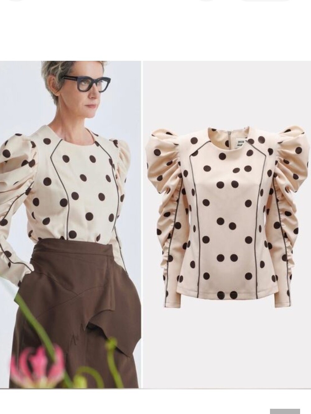 Polka Dot Puff Sleeve Top - Beige/Brown By Julia Allert